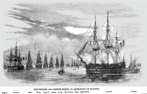 Anchored Prints: The English and French Fleets at anchorage at Kavarna, 1854. Creator: Unknown