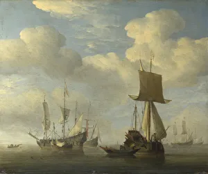 An English Vessel and Dutch Ships Becalmed, c. 1660. Artist: Velde, Willem van de, the Younger (1633-1707)