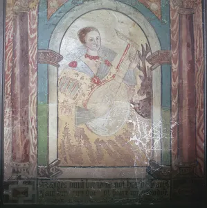 English wall painting of a lady with a lute, 17th century