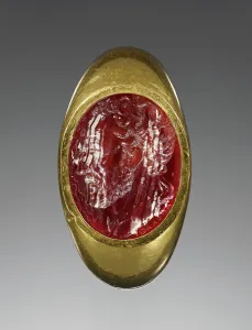 Cornelian Prints: Engraved Gem with a portrait of Demosthenes inset into a gold ring