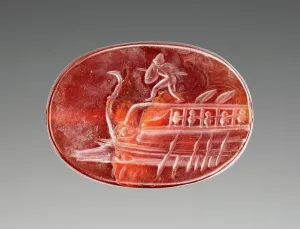 Cornelian Prints: Engraved Scaraboid with Protesilaos on the Prow of a Ship, 400-350 BC. Creator: Unknown
