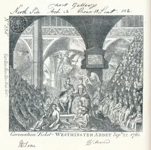 Bickham Prints: Engraved ticket for the Coronation ceremony of George III in Westminster Abbey 1761 (1906)