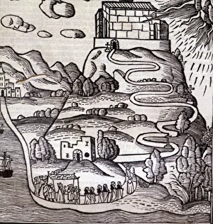 Library Of The University Gallery: Engraving of the ascension of a procession to Mount Randa in Majorca, in the work