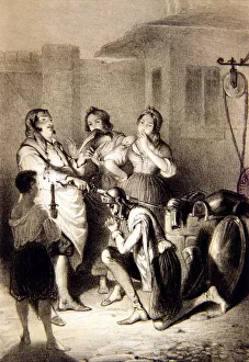Engraving Don Quixote is knighted, character of Miguel de Cervantes, comparative edition of F