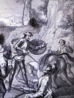 Engraving in an episode of Don Quixote, in El Ingenioso Hidalgo Don Quijote de la Mancha