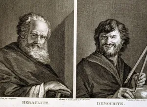 Engraving with Heraclitus 535-484 BC. and Democritus 460-370 BC., Greek philosophers Engraving with Heraclitus 535-484 BC. and Democritus 460-370 BC., Greek philosophers