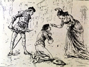 Library Of The University Gallery: Engraving, a poor before a lady in an edition of La Comedie Espagnole by Lope de Rueda, 1883