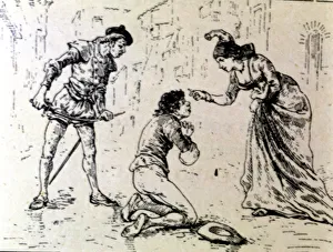 Engraving, a poor before a lady in an edition of La Comedie Espagnole by Lope de Rueda, 1883