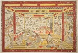 Balconies Gallery: Enjoying the Evening Cool near Ryogoku Bridge (Ryogoku bashi yusuzumi uki-e), c. 1740
