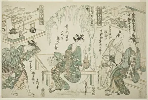 Tobacco Pouch Prints: Enjoying the Evening Cool at Ryogoku - A Set of Three (Ryogoku suzumi sanpukutsui), c