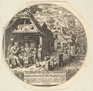 Metropolitan Mus Prints: Enoch and his family surrounding a meal table and holding their hands in a gestur... ca