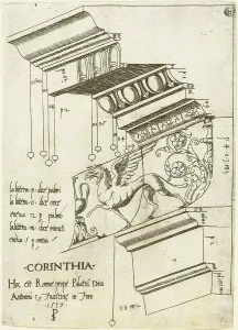 Corinthian Prints: Entablature from the Temple of Antoninus and Faustina, Rome, 1537. Creator: Master PS