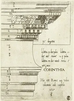 Corinthian Prints: Entablature from the Temple of Castor and Pollux, Rome, 1537. Creator: Master PS