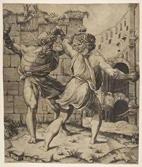 Publius Vergilius Maro Prints: Entellus and Dares fighting in front of classical ruins, 1520-25. Creator: Marco Dente
