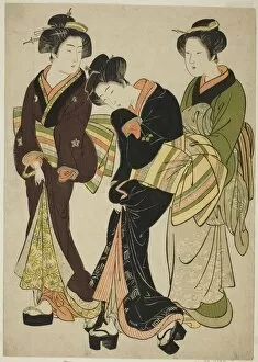 Patten Collection: Two Entertainers and a Maid, c. 1777. Creator: Kitao Shigemasa
