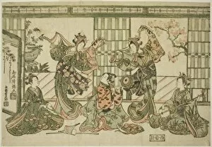 Shamisen Gallery: Entertainers performing the hobby-horse dance, c. 1764. Creator: Torii Kiyomitsu