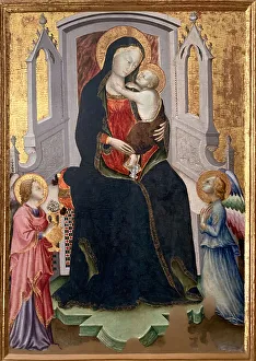 Tempera On Wood Prints: Enthroned Madonna and Child with two angels