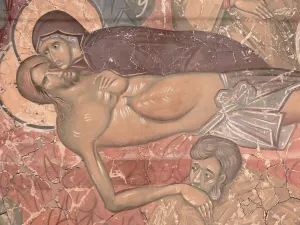 Novgorod School Prints: The Entombment of Christ, ca 1380. Artist: Ancient Russian frescos