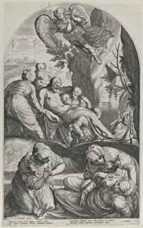 Biblical Character Collection: The Entombment, with Christs body carried on a sheet at center, the three Maries in the f... 1594