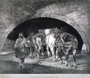 Charles Joseph Collection: Entrance to the Adelphi wharf showing work horses and two men, Westminster, London, c1850