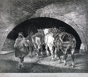 Gericault Prints: Entrance to the Adelphi wharf showing work horses and two men, Westminster, London, c1850