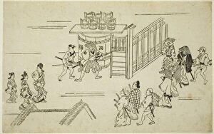 Hishikawa Moronobu Gallery: Entrance to Ageyacho, from the series 'The Appearance of Yoshiwara', c.1681 / 84