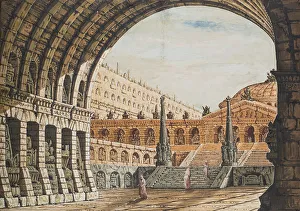 Watercolour And Tempera On Paper Prints: Entrance arch with obelisks. Creator: Basoli, Antonio (1774-1843)