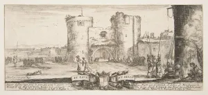 Metropolitan Prints: An entrance to a fortress in center, a woman with child seated by a fire to right, sol