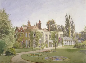 The front entrance and garden at Raleigh House, Brixton Hill, Lambeth, London, 1887