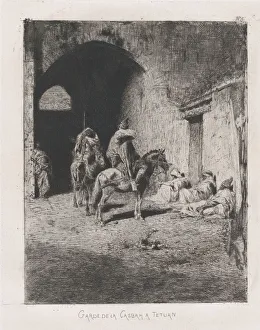 Reclining Collection: Entrance to the Kasbah in Tetuan, figures sitting on the ground, others on horseback, ... ca. 1873