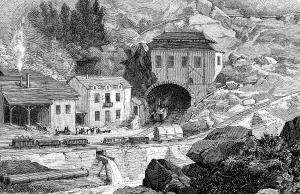 Images Dated 18th September 2012: Entrance of the railroad in Saint - Gotthard tunnel in Swiss Alps, engraving, 1882