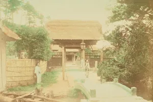Foot Bridge Prints: Entrance to Temple in Kamakura, 1897. Creator: Ogawa Kazumasa