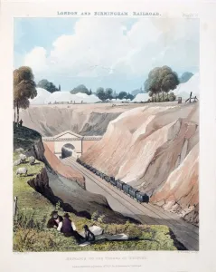 Railroad Prints: Entrance to the Tunnel at Watford, published 1837 (hand coloured engraving)