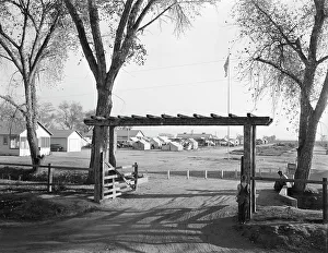 Flagpole Prints: Entrance and view of Kern migrant camp, California, 1936. Creator: Dorothea Lange