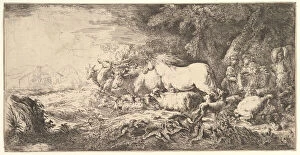 Stag Gallery: Entry of the animals into Noahs ark, three men follow quadrupeds and birds stridin