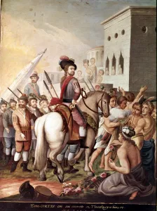 Mexico Prints: Entry of Hernan Cortes in Tlaxcala, series of Paintings Conquest of Mexico