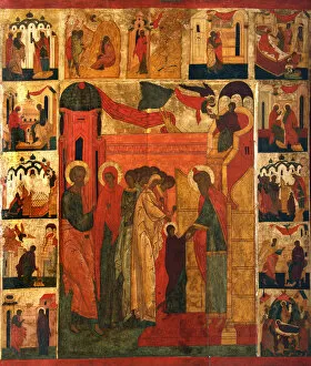 Novgorod School Gallery: The Entry of the Most Holy Theotokos into the Temple, 16th century. Artist: Russian icon