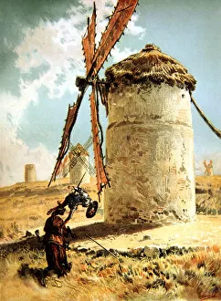 19th 20th Centuries Collection: Episode of Don Quixote de la Mancha, Mills with Don Quixote, Miguel de Cervantes character