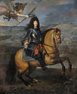 Equestrian portrait of Louis XIV at the Siege of Namur. Artist: Mignard, Pierre (1612-1695)