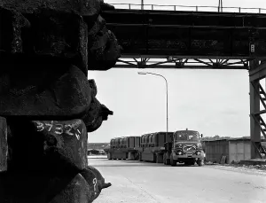 ERF 66GSF tipper pulling a hot ingot transporter, Rotherham, South Yorkshire, 1963