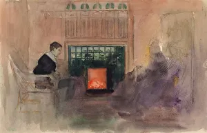 Warmth Prints: Erik Edelfelt Sitting by the Fire in the Villa in Kilo, c1898. Creator: Albert Edelfelt