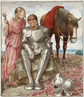 Sadness Prints: Erika and Seated Knight, 1894. Creator: Hans Thoma