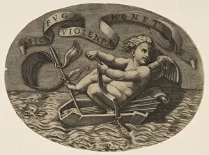 Dente Gallery: Eros escaping by sea using his bow to propel a boat made from his quiver with an ar