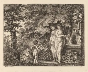 Eros Prints: Eros with Three Girls at a Fountain, 1770. Creator: Salomon Gessner