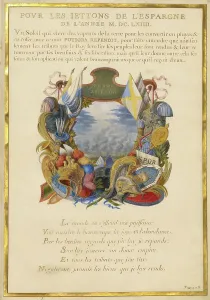 Detached Leaf Prints: Escutcheon with a Landscape; Nine Emblems for Louis XIV
