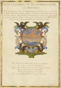 Detached Leaf Prints: Escutcheon with a Landscape; Nine Emblems for Louis XIV