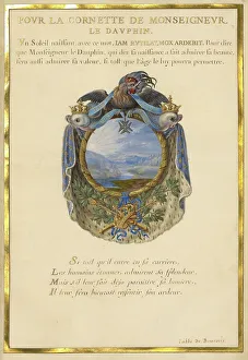 Detached Leaf Prints: Escutcheon with a Landscape; Nine Emblems for Louis XIV