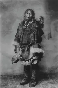 Alaskan Prints: Eskimo mother carrying a child on her back, 1916(?). Creator: Unknown