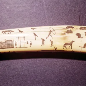 Inuit Prints: Eskimo Scene Detail of engraved walrus tusk, Western Eskimo. 19th Century
