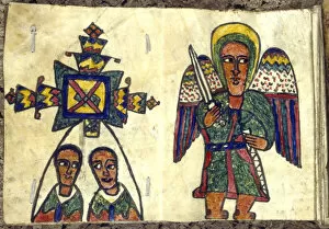 Abyssinian Gallery: Ethopian prayer book showing an angel with a sword and two men, possibly priests, 19th century